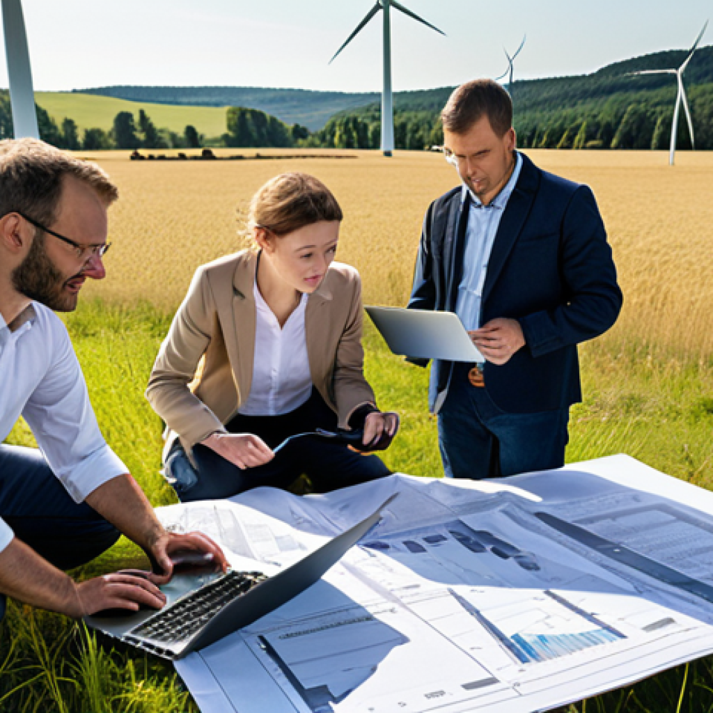 **

A diverse team of professionals collaborating on a wind turbine project in a sunlit field. Engineers, scientists, and project managers are reviewing blueprints, using laptops, and communicating effectively. The scene conveys a sense of innovation, teamwork, and dedication to renewable energy. Focus on the collaborative aspect and the positive impact on the environment. Include elements typical of Germany's landscape and architecture in the background.

**