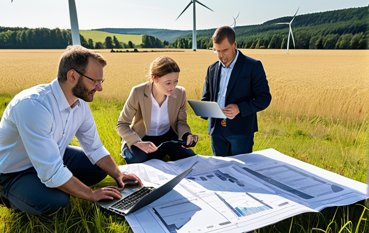 **
A diverse team of professionals collaborating on a wind turbine project in a sunlit field. Engineers, scientists, and project managers are reviewing blueprints, using laptops, and communicating effectively. The scene conveys a sense of innovation, teamwork, and dedication to renewable energy. Focus on the collaborative aspect and the positive impact on the environment. Include elements typical of Germany's landscape and architecture in the background.
**
