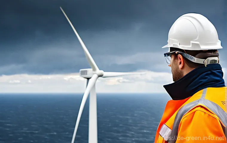 녹색산업 직무와 역할 - **Prompt: "A dynamic, cinematic shot of a German wind turbine service technician, wearing full safet...