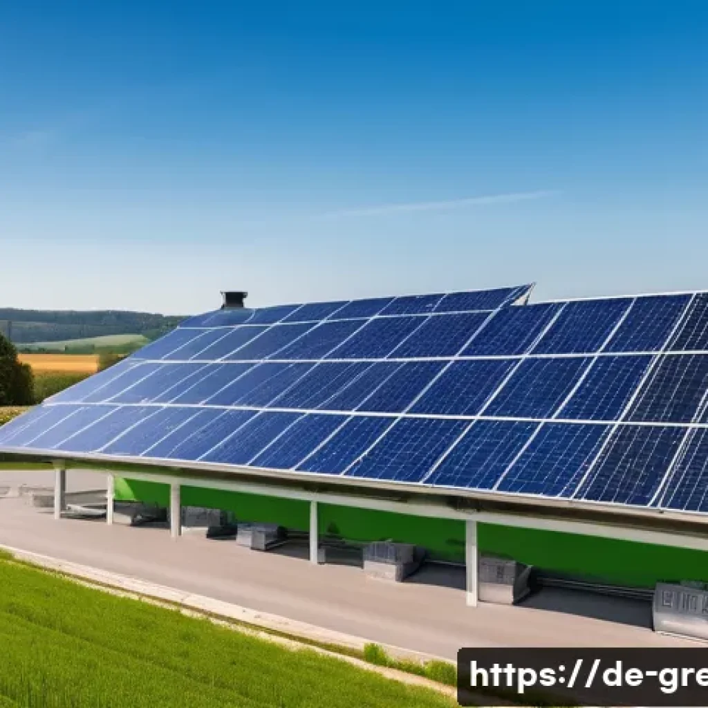 녹색산업 실무 사례 - A small German organic bakery rooftop covered with modern photovoltaic solar panels under a clear bl...