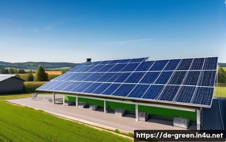 녹색산업 실무 사례 - A small German organic bakery rooftop covered with modern photovoltaic solar panels under a clear bl...