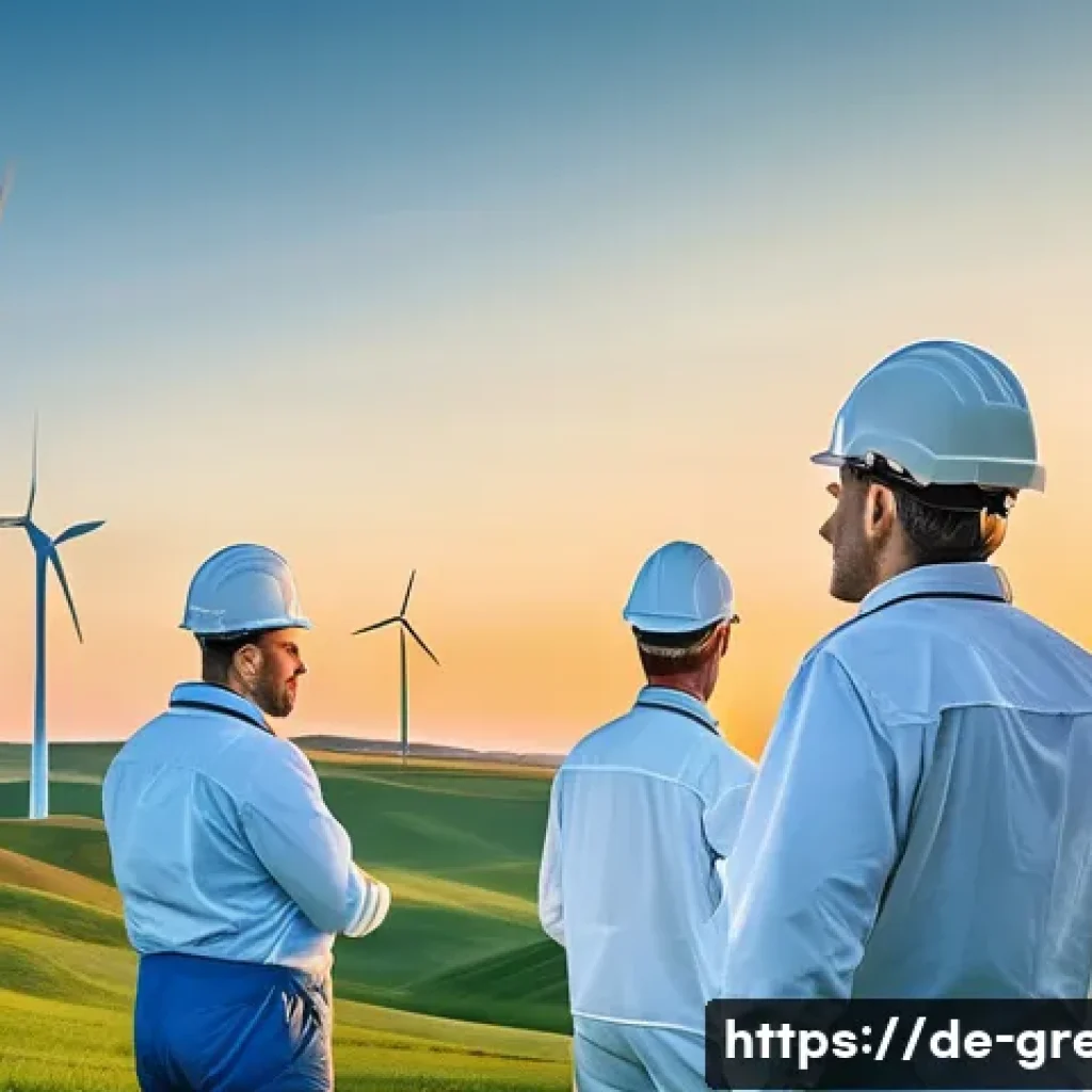녹색산업 직무 기술 - A modern German wind farm at sunrise with multiple large white wind turbines gracefully spinning on ...