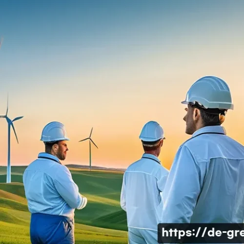 Home 31 녹색산업 직무 기술 - A modern German wind farm at sunrise with multiple large white wind turbines gracefully spinning on ...