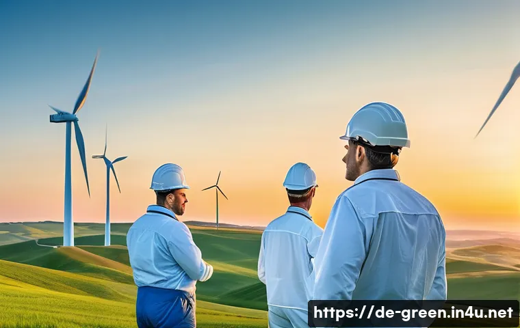 녹색산업 직무 기술 - A modern German wind farm at sunrise with multiple large white wind turbines gracefully spinning on ...