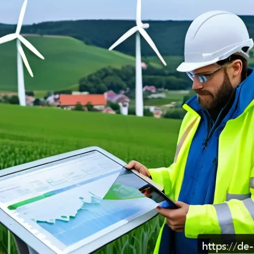 Home 17 녹색산업 경력 관리 - A modern renewable energy engineer working on a large wind turbine in the German countryside, wearin...