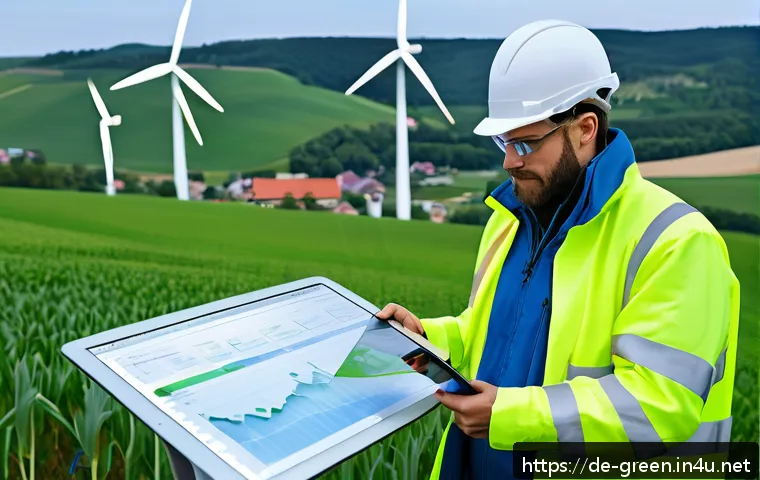 녹색산업 경력 관리 - A modern renewable energy engineer working on a large wind turbine in the German countryside, wearin...