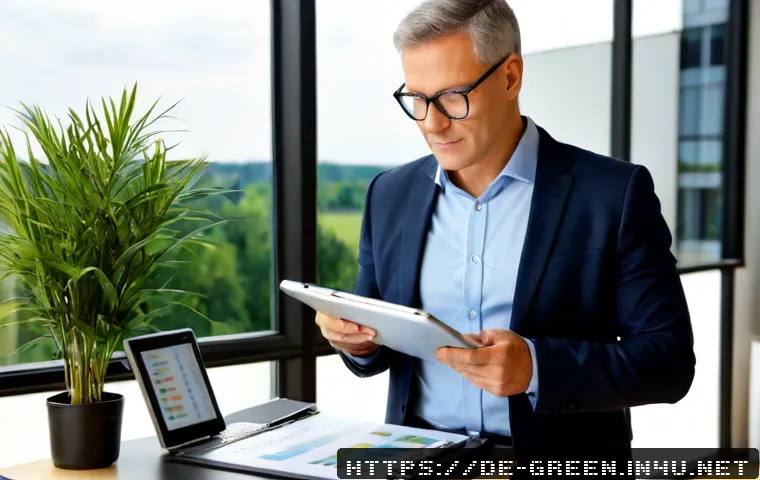 녹색산업 전문가의 경력 관리법 - Photorealistic career planning scene for a green industry expert in Germany, confident middle-aged p...