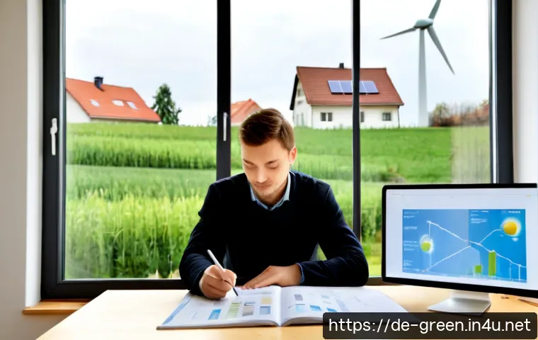 녹색산업 전문가의 이론 학습법 - Photorealistic German green-industry professional studying renewable energy theory at a tidy home of...
