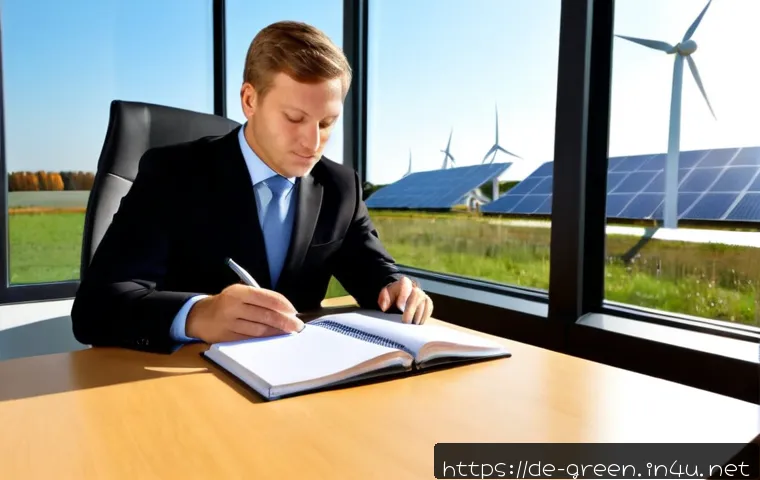 녹색산업 이직 전략 - Photorealistic career transition scene in Germany, experienced professional in smart business attire...